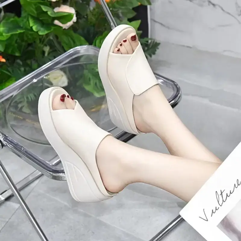 2024 Summer New Open Toe Sexy Solid Thick Sole Slope Heel Slippers for Women Outwear Comfortable Women's Single Shoes Sandals product view