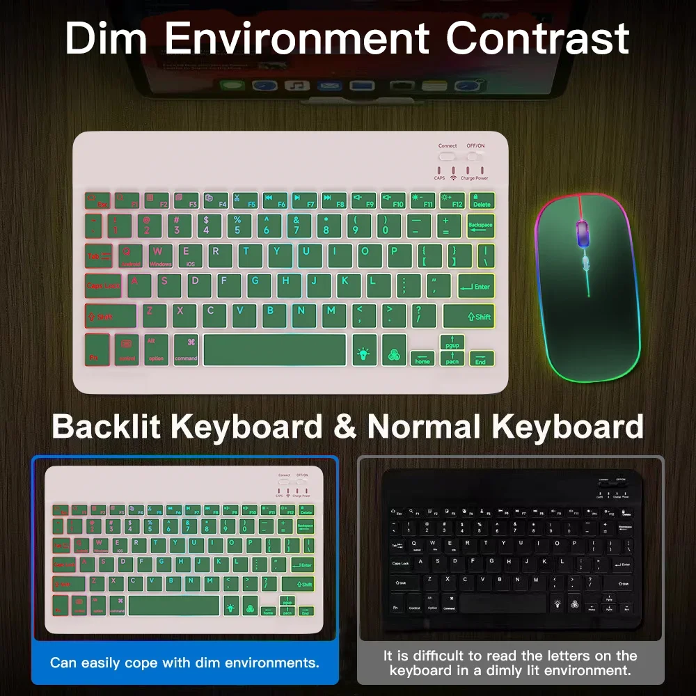 New Slim 7 Color Backlit Bluetooth Keyboard Mouse ComboRechargeable MultiLanguage for Tablet Phone detail