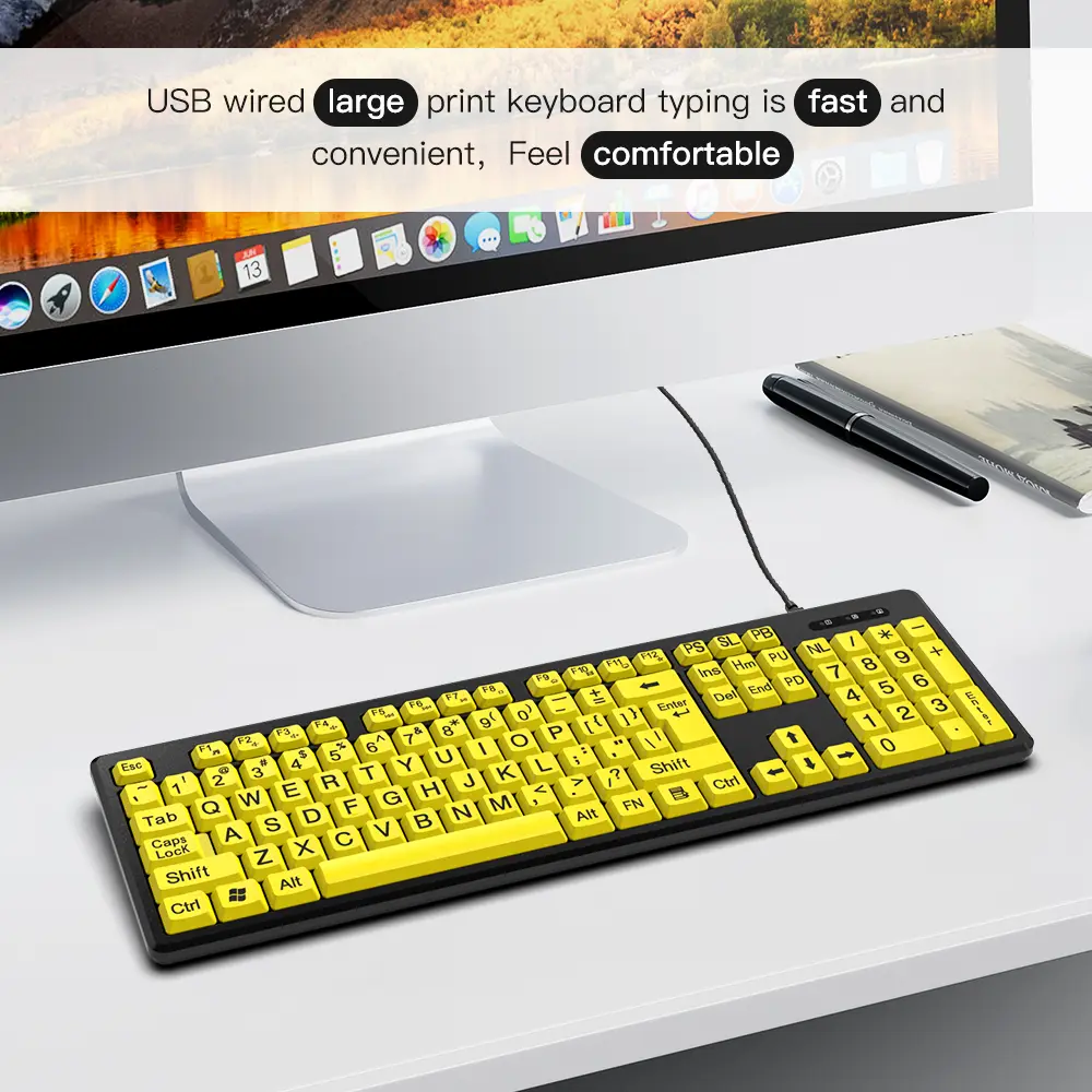 Black Large Print Yellow Buttons Keyboard USB Wired Keyboard for Seniors and Low Vision product view