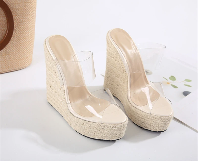 Eilyken Summer PVC Transparent Peep Toe Cane Straw Weave Slippers Platform Wedges Sandals Women Fashion High Heels Female Shoes detail