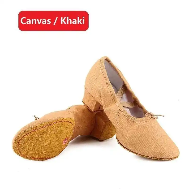 Quality Dancing Shoes For Women Middle Heel Pigskin Canvas Leather Girls Women's Ballet Dance Shoes Belly Yoga Teachers's Shoes product view