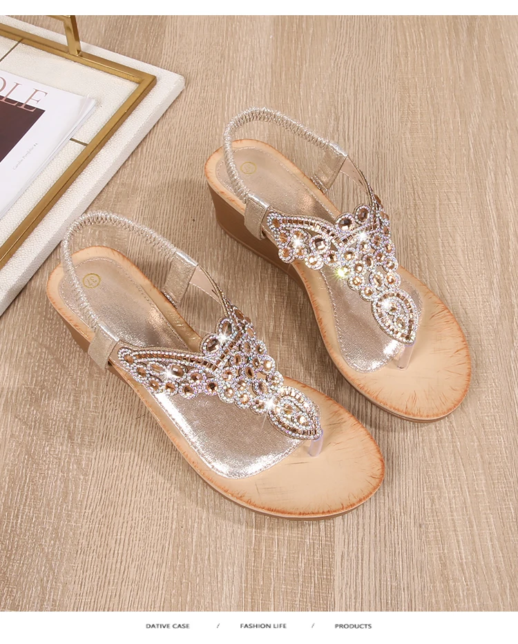 Ladies Roman Sandals Bohemian Ethnic Style Water Diamond Slope Heel Summer New Fashion Shoes Low Help Glue Stick Sandals detail