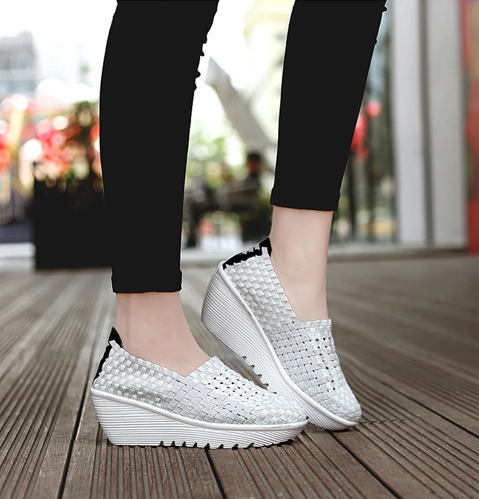 EOFK Autumn Women Woven Shoes Loafers Platform Handmade Elastic Slip on Nylon Woven Casual Wedges Shoes Lady detail
