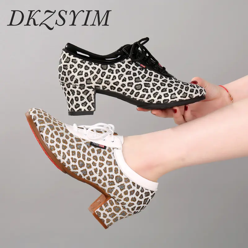 DKZSYIM Women Latin Dance Shoes Modern Tango Jazz Shoes Outdoor Leopard print Dance Shoes Woman Dance Sneaker SIZE34-41