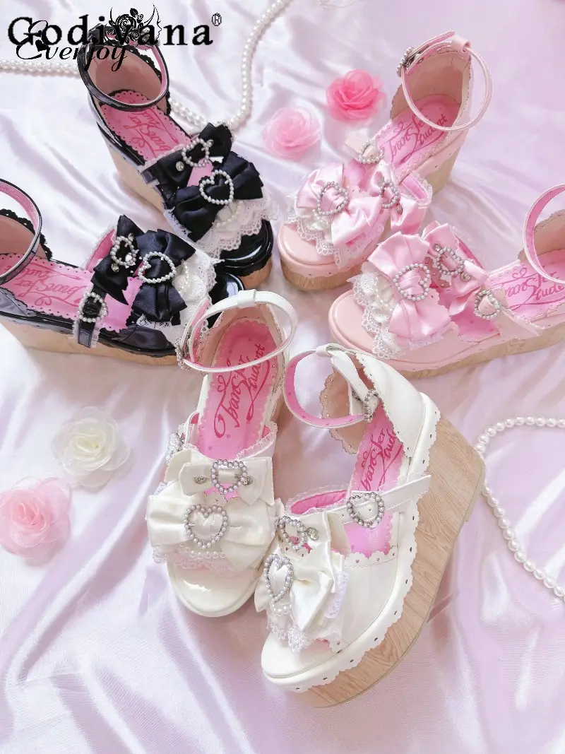 Y2K Millennium Lolita Original Design Slope Heel Open-toed Sandals Japanese Girl Ancient Feeling Sweet Bow Lo Shoes product view