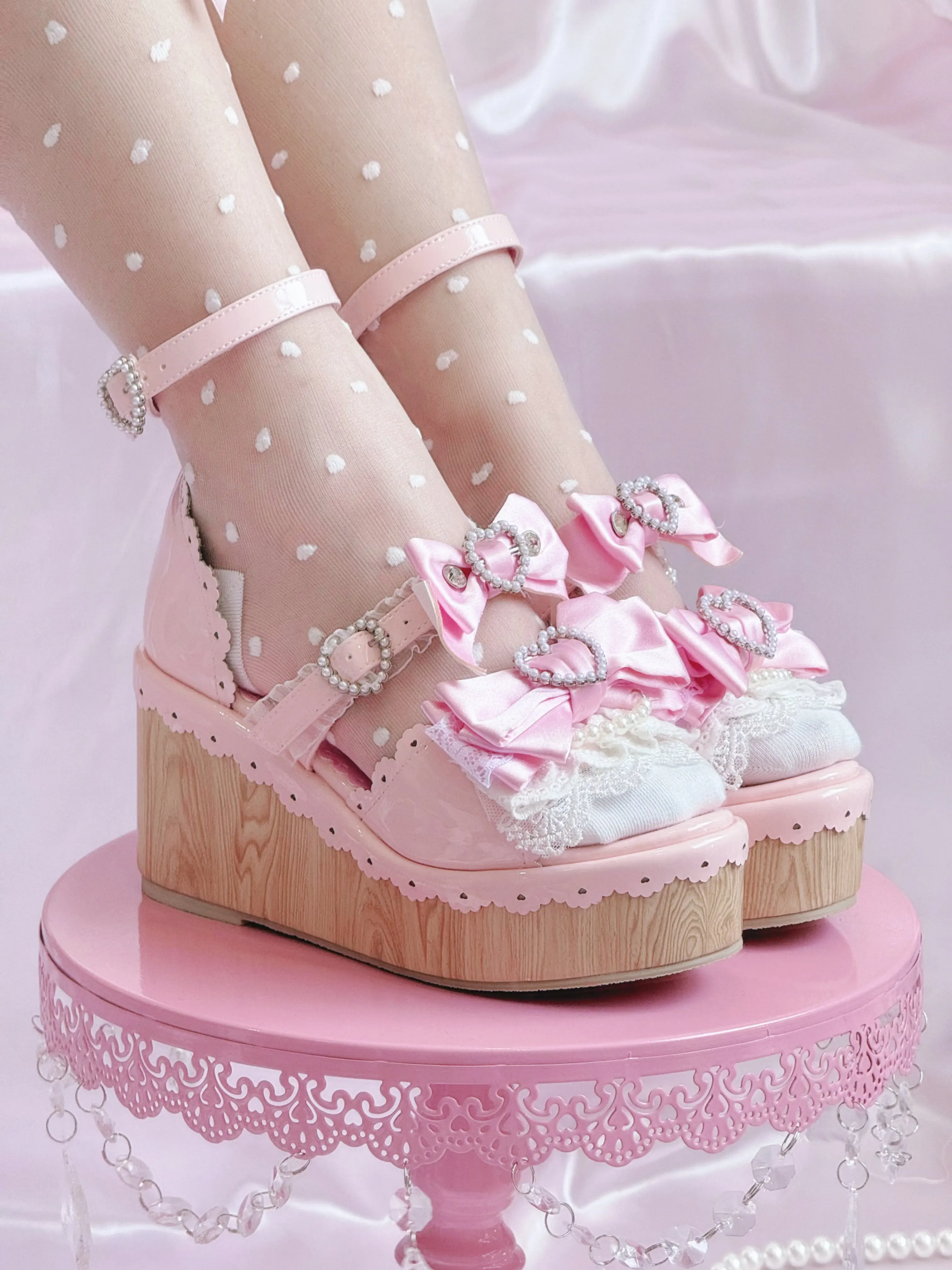 Y2K Millennium Lolita Original Design Slope Heel Open-toed Sandals Japanese Girl Ancient Feeling Sweet Bow Lo Shoes detail