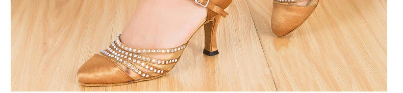 DILEECHI New arrival Tan Satin Latin Modern dance shoes female Autumn and Winter Ballroom dancing shoes thin heels 7.5cm detail