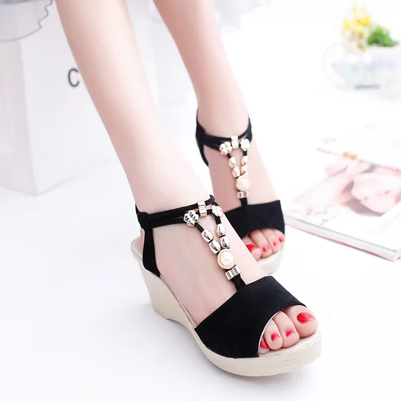 Fish-mouthed Women's Sandals Midheel Breathable Woman Shoes Trendy Slope Heeled Women Sandals Open Toed Beaded Sandals for Women product view