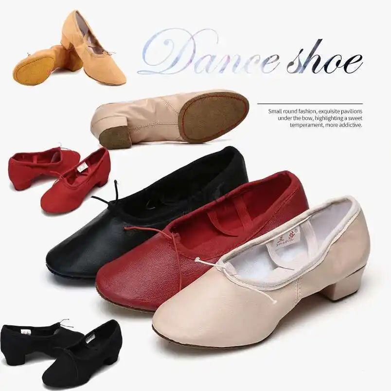 Quality Dancing Shoes For Women Middle Heel Pigskin Canvas Leather Girls Women's Ballet Dance Shoes Belly Yoga Teachers's Shoes