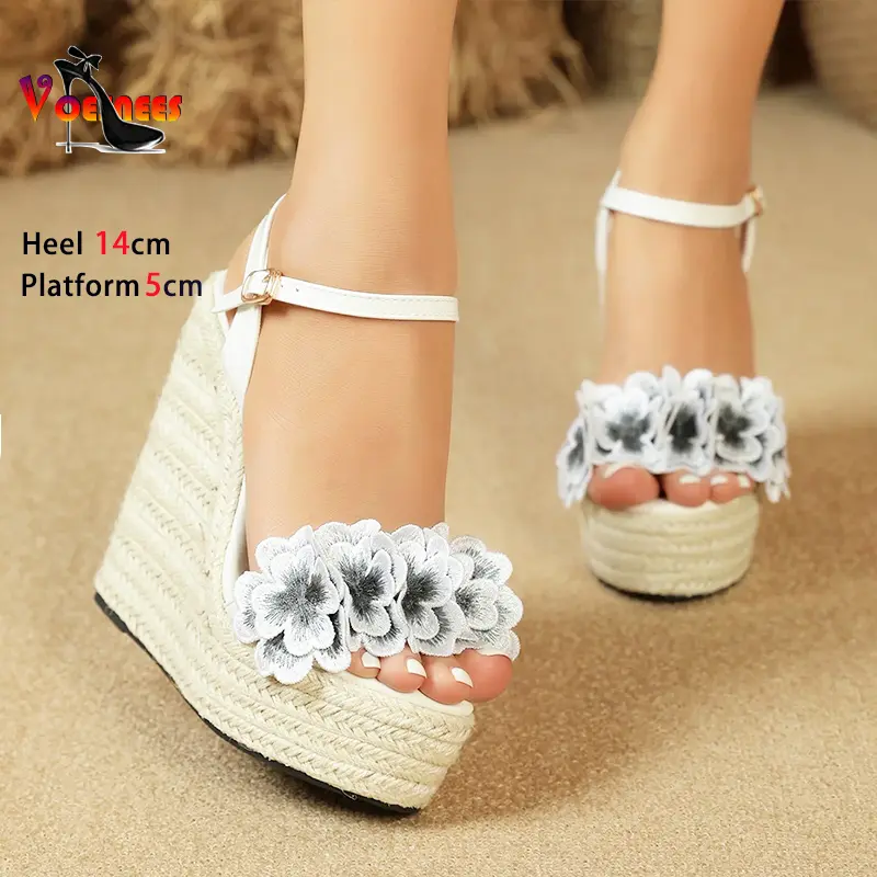 Women Sexy Wedge Sandals with Flower Sexy 14cm Fashion Simple Slope Heel Waterproof Platform Hemp rope woven bottom Car Sandals product view