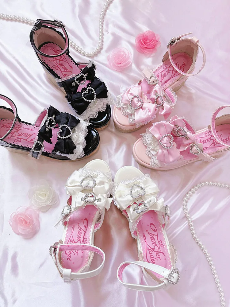 Y2K Millennium Lolita Original Design Slope Heel Open-toed Sandals Japanese Girl Ancient Feeling Sweet Bow Lo Shoes detail