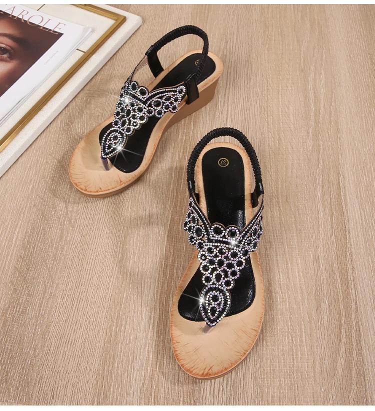 Ladies Roman Sandals Bohemian Ethnic Style Water Diamond Slope Heel Summer New Fashion Shoes Low Help Glue Stick Sandals detail