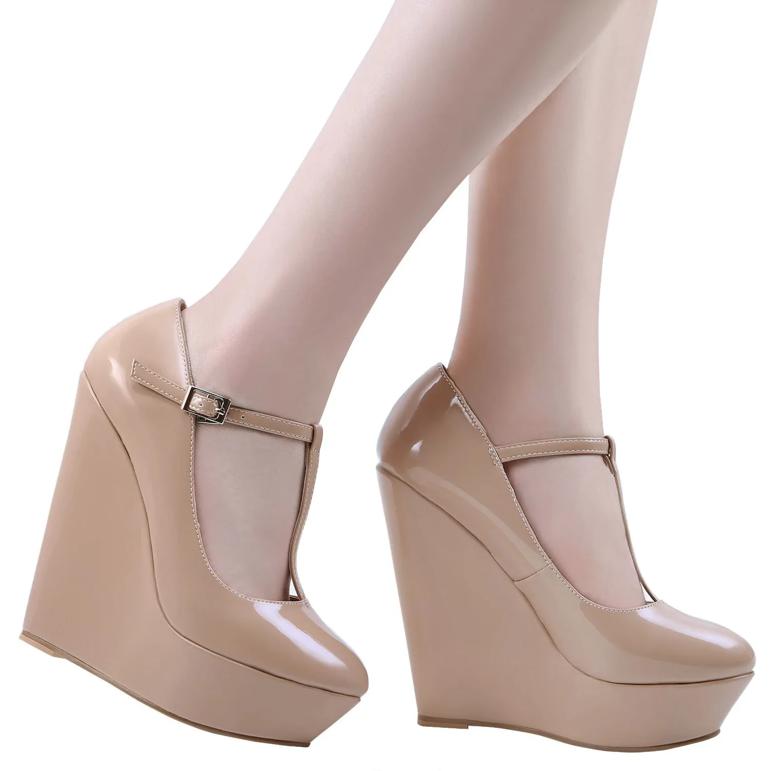 Women Pumps 2026 New Autumn Winter 14cm Round Toes Platform Wedge High Heels T-Strap Gladiator Ladies Dress Party Wedding Shoes detail