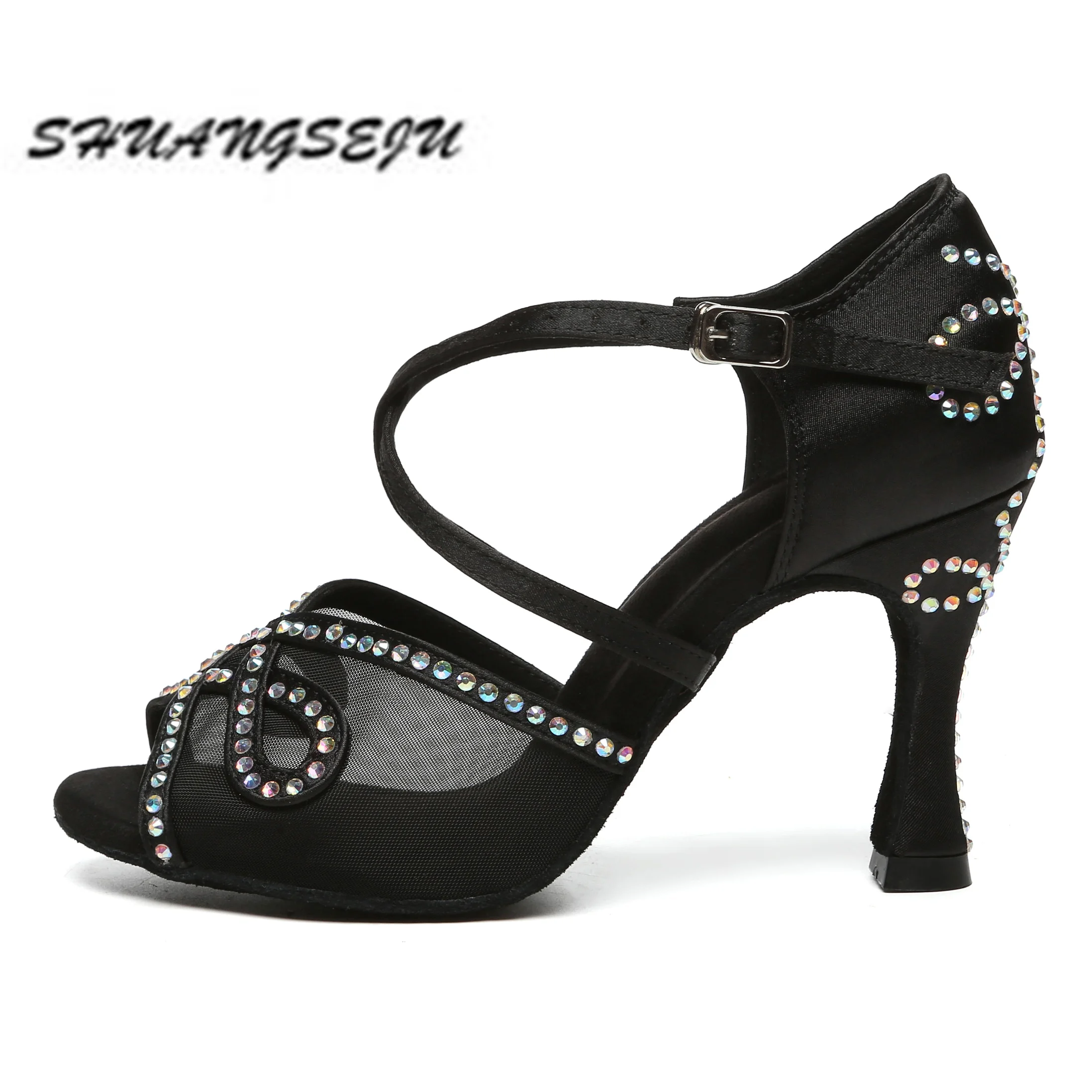 SHUANGSEJU New adult Latin dance Shoes Women Salsa Fashion shiny glass slipper Bachata performance shoes Black Everything 6-10cm detail