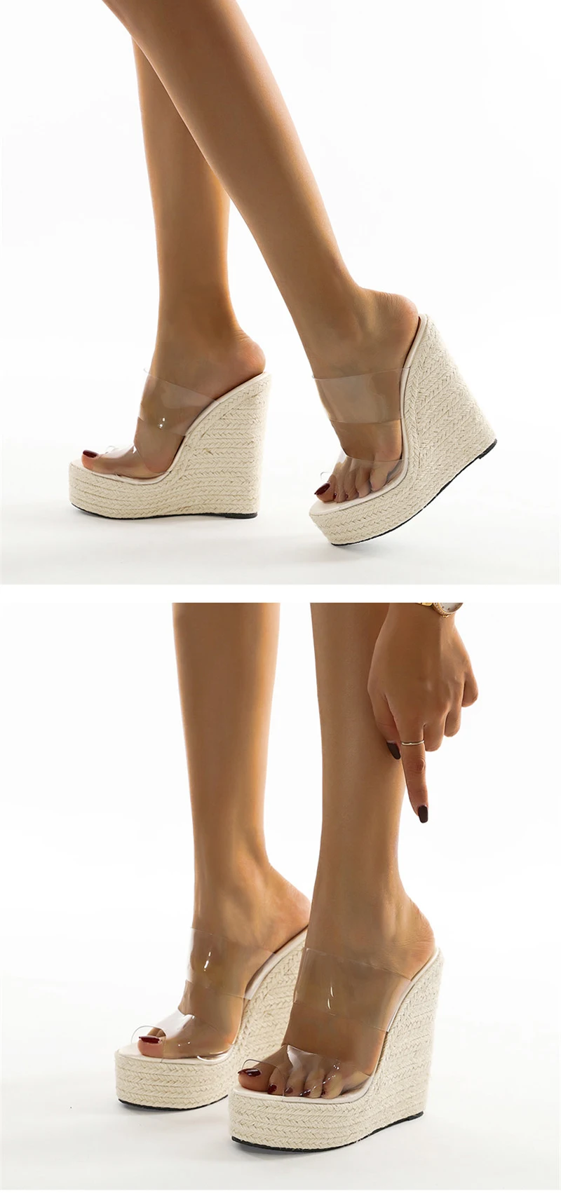 Eilyken Summer PVC Transparent Peep Toe Cane Straw Weave Slippers Platform Wedges Sandals Women Fashion High Heels Female Shoes detail