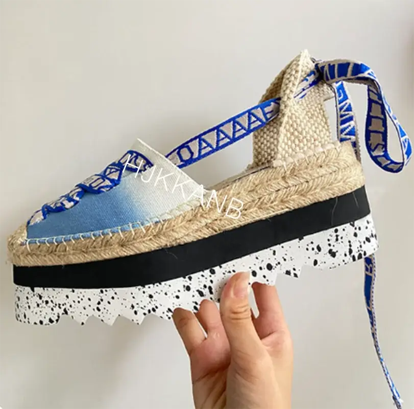 Summer Women Wedge Heel Sandals Canvas Thick Sole Ankle Strappy Sandalias Ladies Beach Vacation Fisherman Shoes Grass Sole Pumps product view