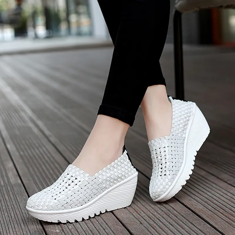 EOFK Autumn Women Woven Shoes Loafers Platform Handmade Elastic Slip on Nylon Woven Casual Wedges Shoes Lady product view