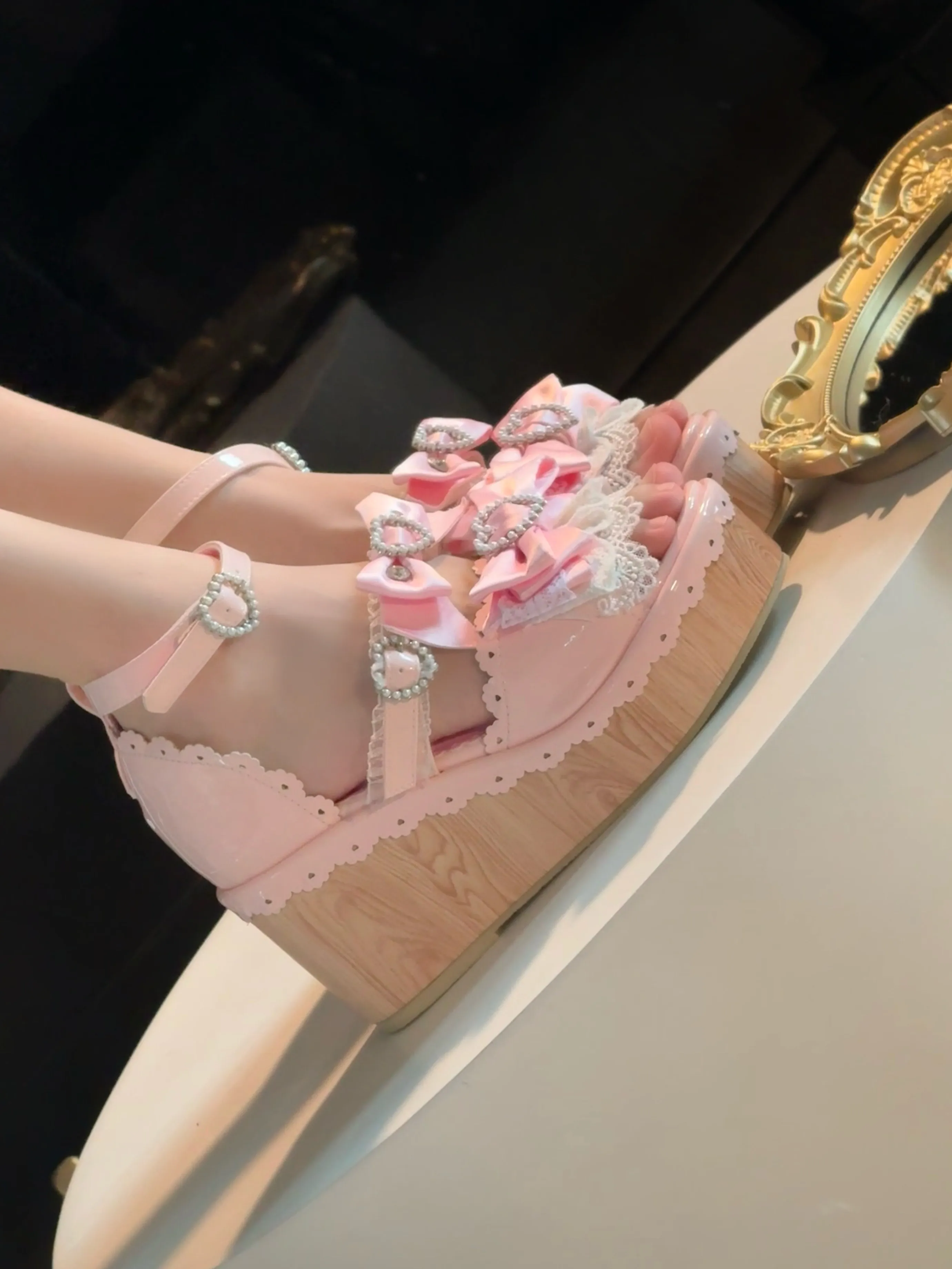 Y2K Millennium Lolita Original Design Slope Heel Open-toed Sandals Japanese Girl Ancient Feeling Sweet Bow Lo Shoes detail