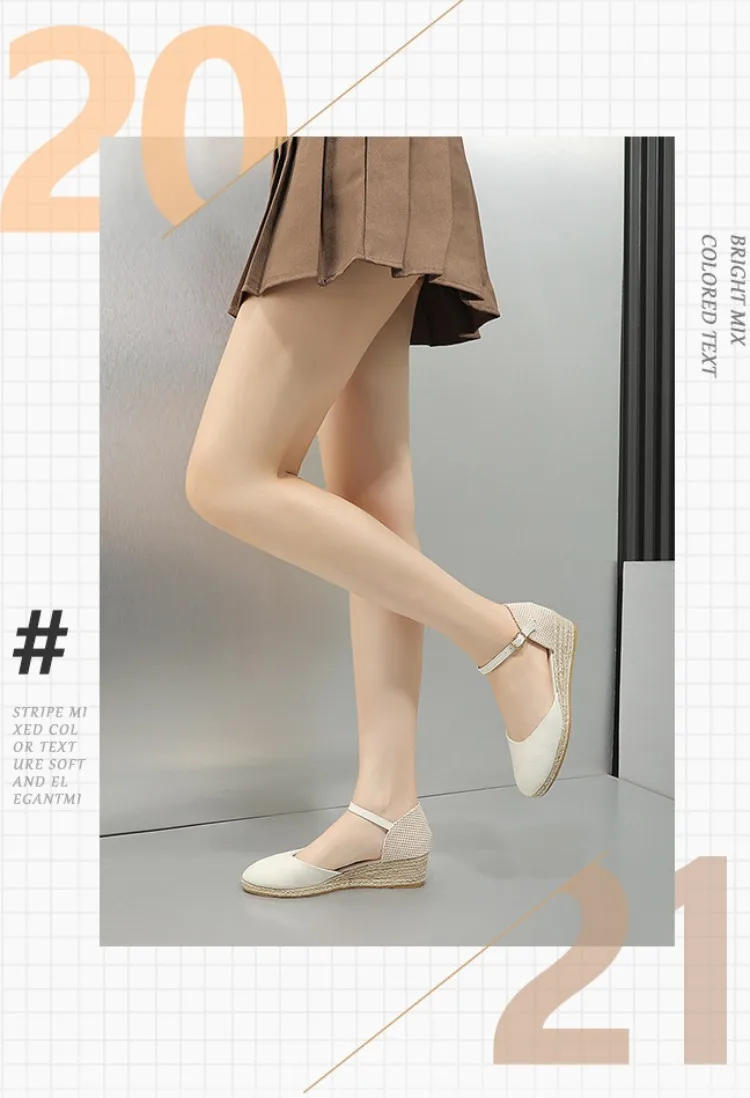 Baotou Sandals for Women's 2026 Summer Grass Woven Hemp Rope Slope Heel Shoes Women Round Toe Thick Sole Buckle Womens Sandals detail
