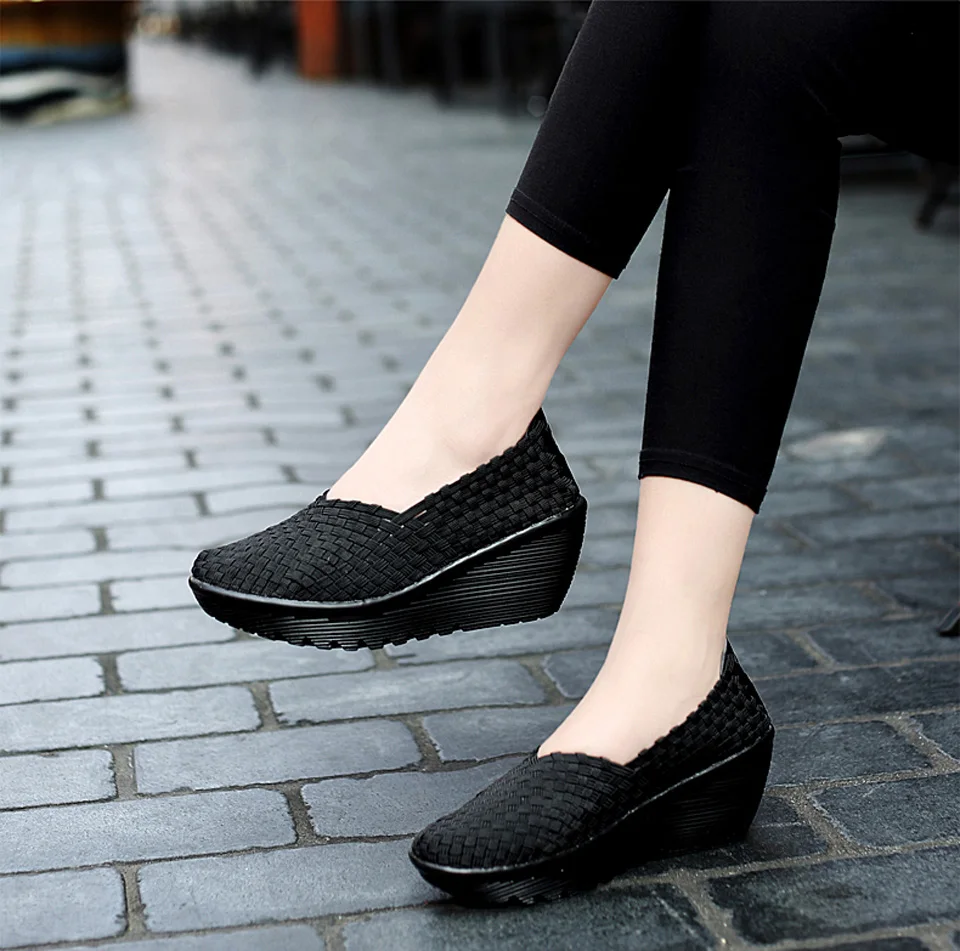 EOFK Autumn Women Woven Shoes Loafers Platform Handmade Elastic Slip on Nylon Woven Casual Wedges Shoes Lady detail