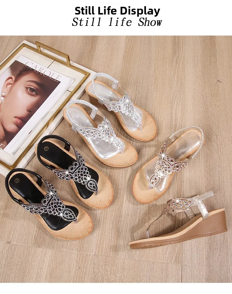 Ladies Roman Sandals Bohemian Ethnic Style Water Diamond Slope Heel Summer New Fashion Shoes Low Help Glue Stick Sandals detail