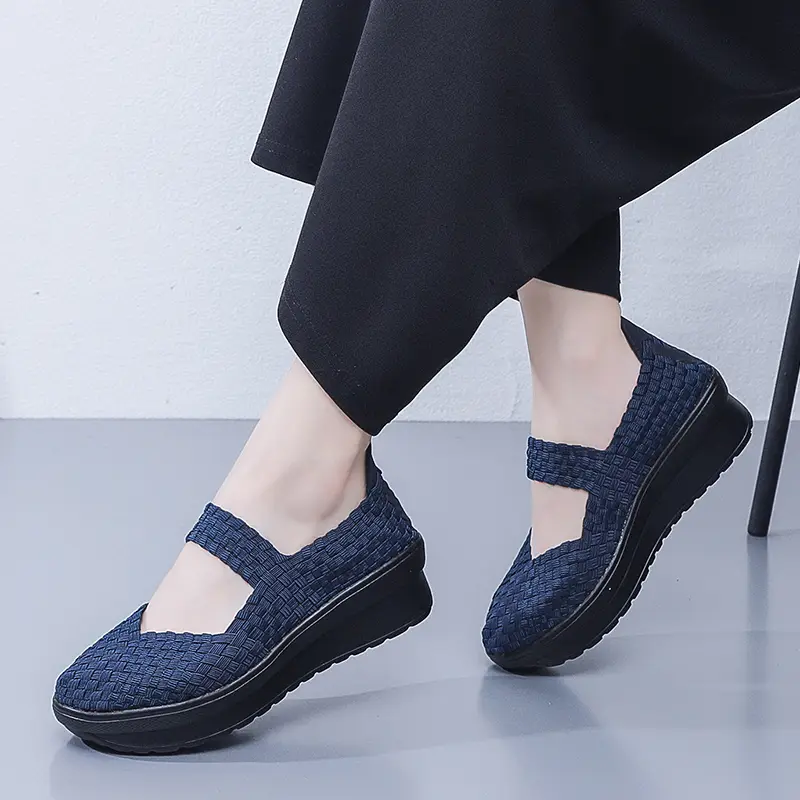 EOFK Autumn Women Woven Shoes Loafers Platform Handmade Elastic Slip on Nylon Woven Casual Wedges Shoes Lady product view
