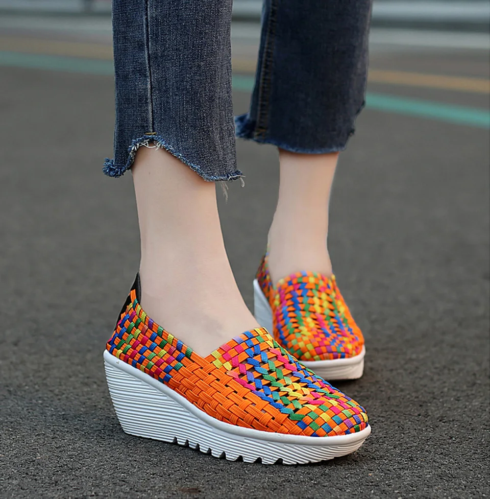 EOFK Autumn Women Woven Shoes Loafers Platform Handmade Elastic Slip on Nylon Woven Casual Wedges Shoes Lady detail