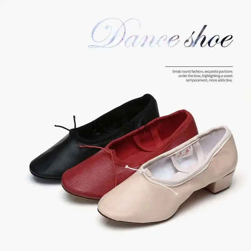 Quality Dancing Shoes For Women Middle Heel Pigskin Canvas Leather Girls Women's Ballet Dance Shoes Belly Yoga Teachers's Shoes detail