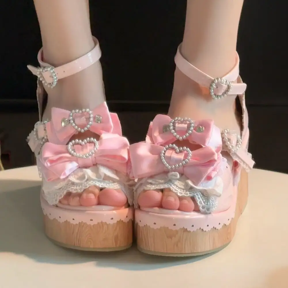 Y2K Millennium Lolita Original Design Slope Heel Open-toed Sandals Japanese Girl Ancient Feeling Sweet Bow Lo Shoes product view