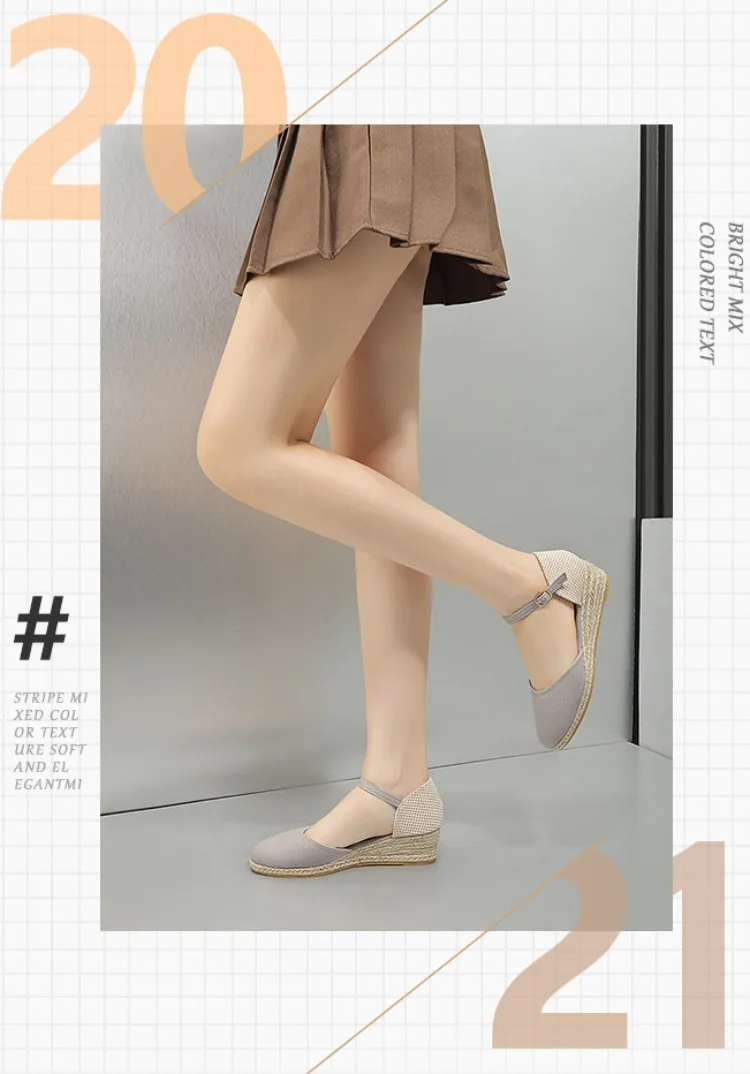 Baotou Sandals for Women's 2026 Summer Grass Woven Hemp Rope Slope Heel Shoes Women Round Toe Thick Sole Buckle Womens Sandals detail