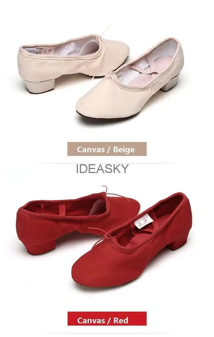 Quality Dancing Shoes For Women Middle Heel Pigskin Canvas Leather Girls Women's Ballet Dance Shoes Belly Yoga Teachers's Shoes detail