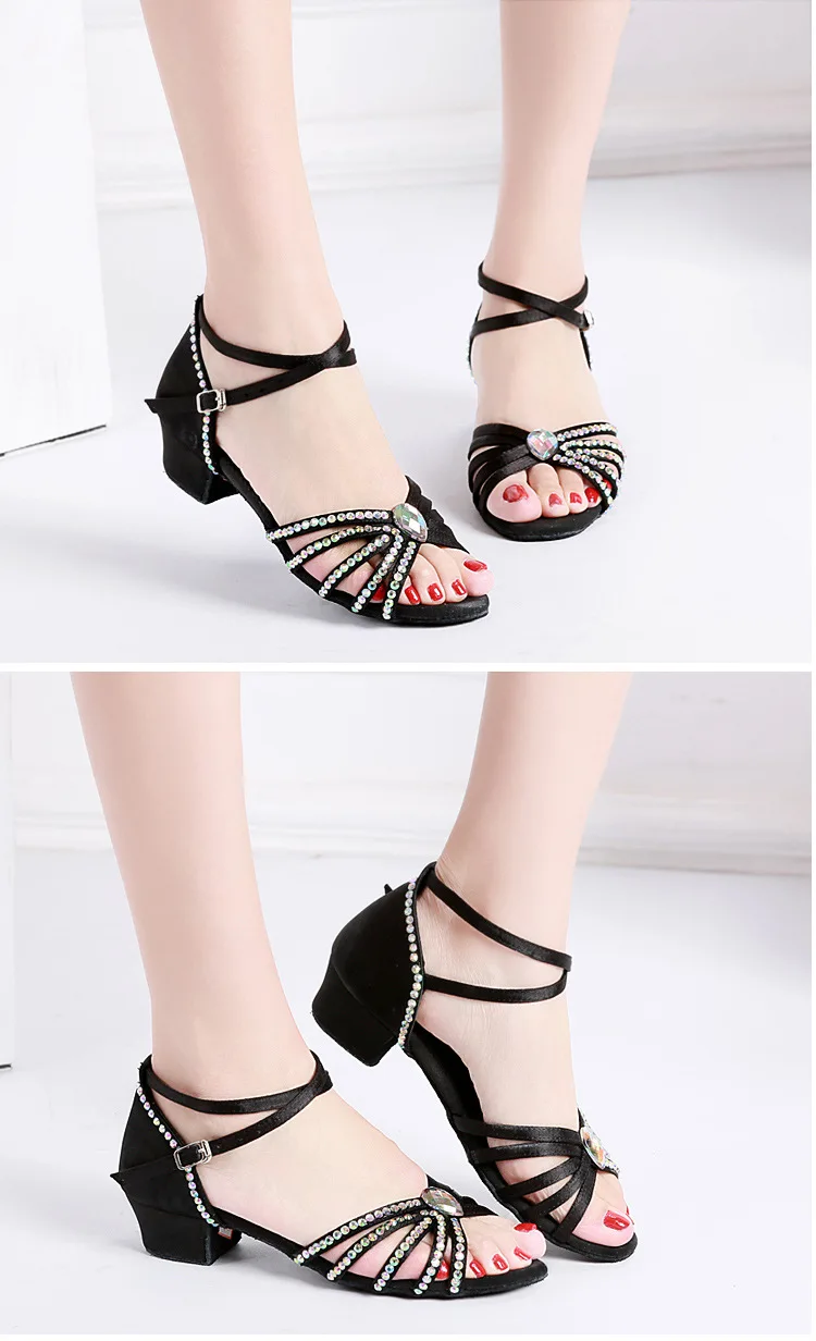 Summer Child Hot Latin Dance Shoes Women for Satin Salsa Dance Shoes Girls for Shine Rhinestone Ballroom Dance Shoes detail