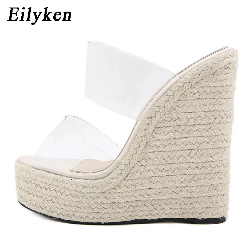 Eilyken Summer PVC Transparent Peep Toe Cane Straw Weave Slippers Platform Wedges Sandals Women Fashion High Heels Female Shoes product view