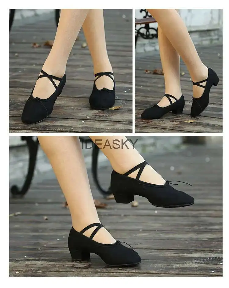 Quality Dancing Shoes For Women Middle Heel Pigskin Canvas Leather Girls Women's Ballet Dance Shoes Belly Yoga Teachers's Shoes detail