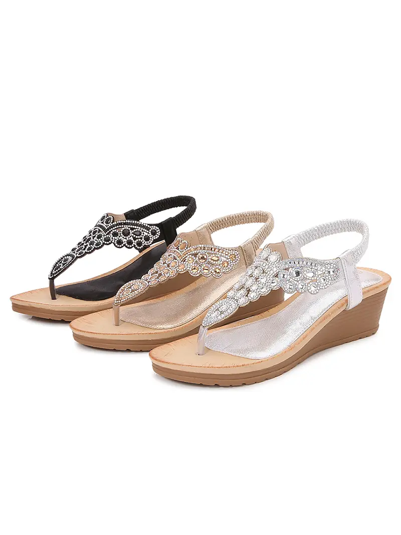 Ladies Roman Sandals Bohemian Ethnic Style Water Diamond Slope Heel Summer New Fashion Shoes Low Help Glue Stick Sandals product view