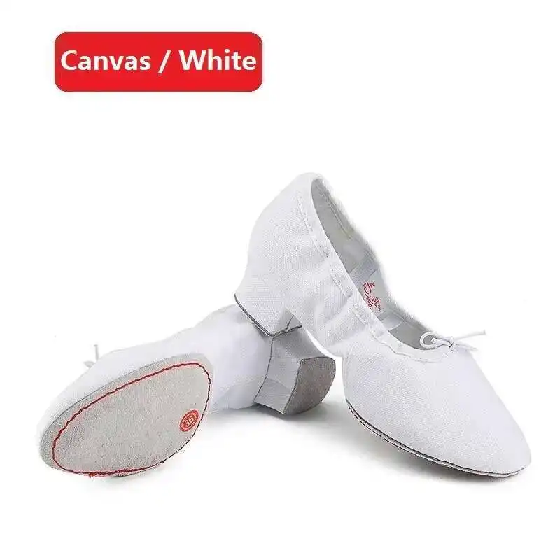 Quality Dancing Shoes For Women Middle Heel Pigskin Canvas Leather Girls Women's Ballet Dance Shoes Belly Yoga Teachers's Shoes product view