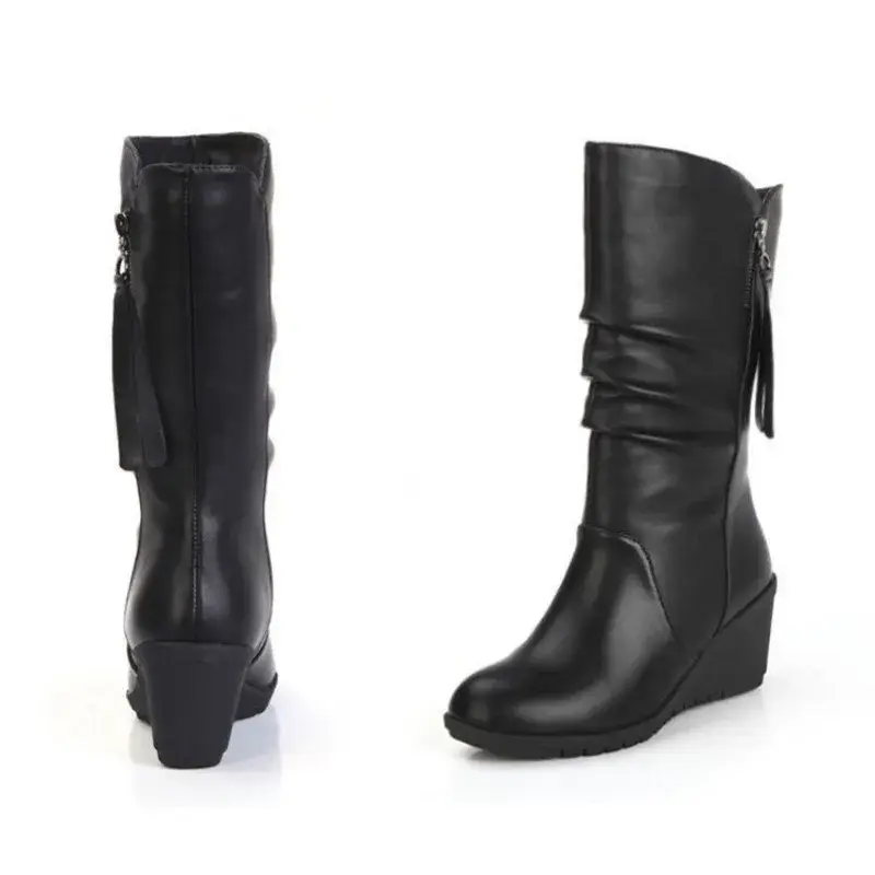 2024 Autumn Winter Anti Slip Slope Heel Women Dance Casual Mid Tube Boot Warm Snow Boot English Chelsea Boot Large Women Shoe product view