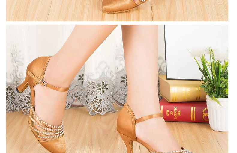 DILEECHI New arrival Tan Satin Latin Modern dance shoes female Autumn and Winter Ballroom dancing shoes thin heels 7.5cm detail