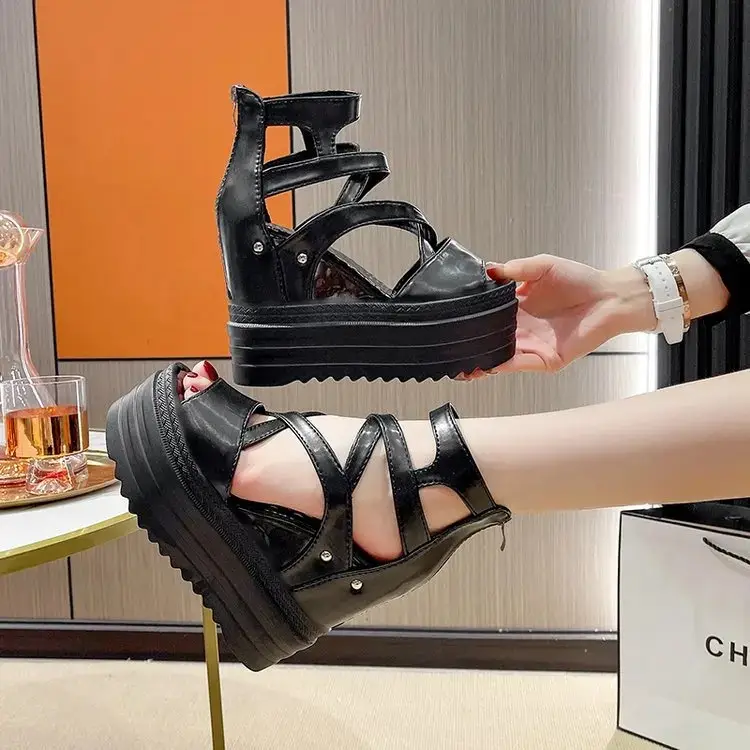 Women's High Heel Sandals 13CM Slope Heel Thick Bottom Cross Band Fish Mouth Shoes New Style Increased Height Summer Shoes product view