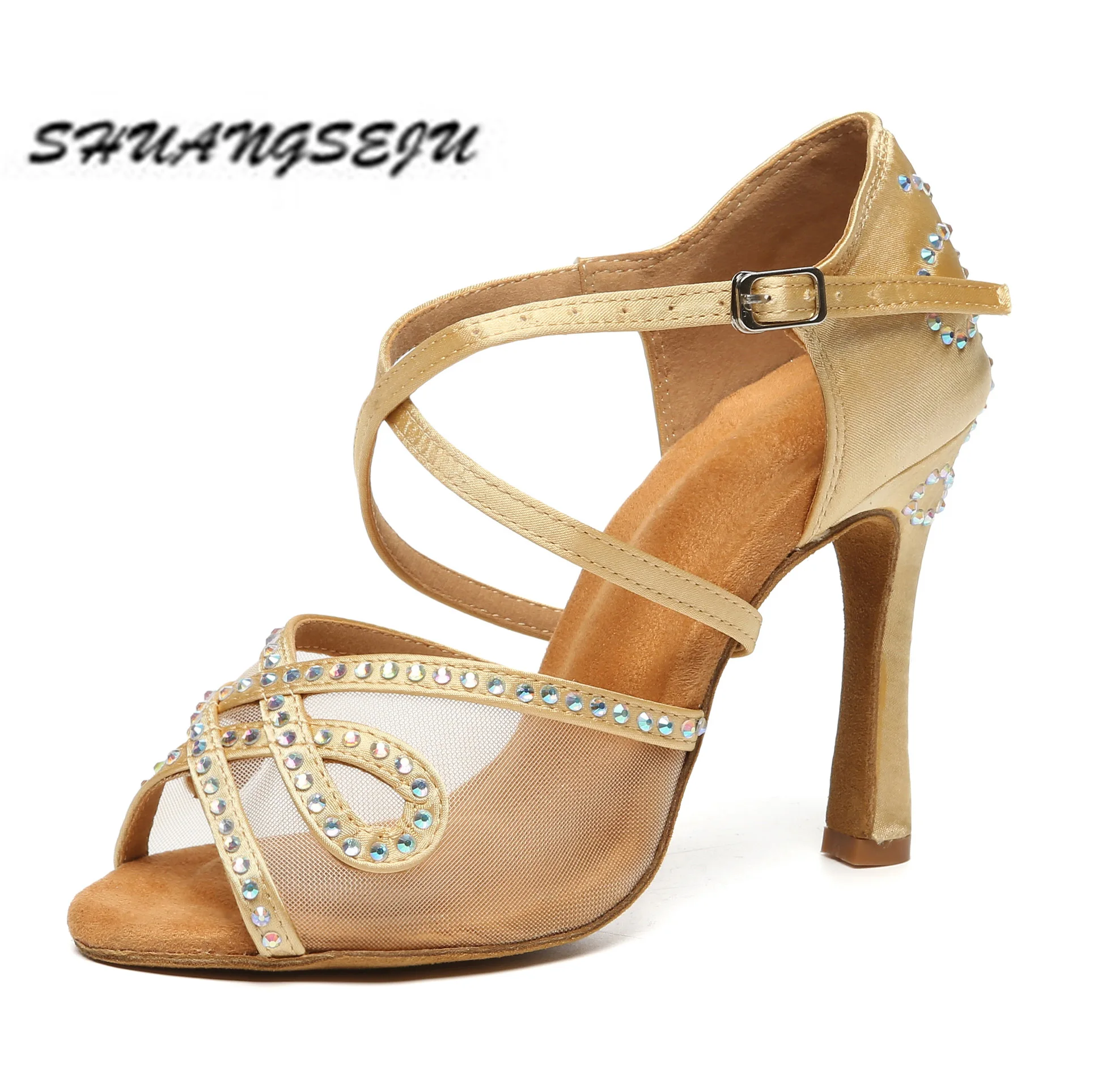 SHUANGSEJU New adult Latin dance Shoes Women Salsa Fashion shiny glass slipper Bachata performance shoes Black Everything 6-10cm detail