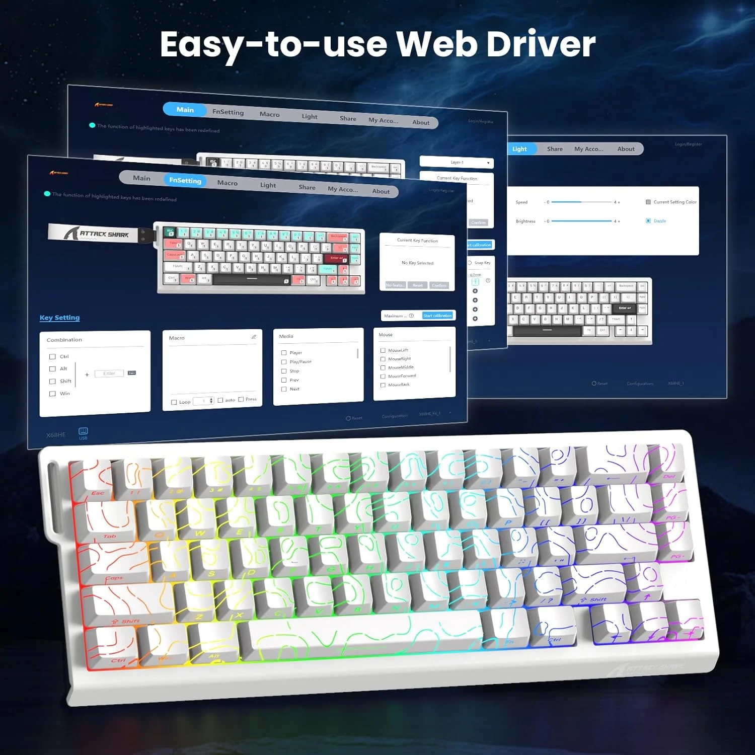 ATTACK SHARK X68 HE Rapid Trigger Keyboard Magnetic Switch 60% Wired 8KHz Hot Swappable Keyboard With RGB Lighting PBT Double-sh product view