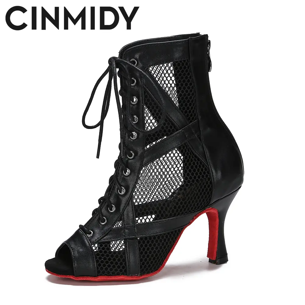 CINMIDY Leather Dance Boots Red /Black lSole Ballroom Dancing Shoes Latin Dance Shoes Woman Pole Dance Boots Ladies Party Shoes