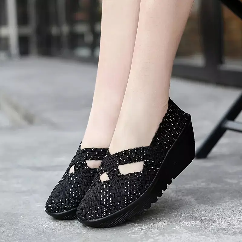 EOFK Autumn Women Woven Shoes Loafers Platform Handmade Elastic Slip on Nylon Woven Casual Wedges Shoes Lady product view
