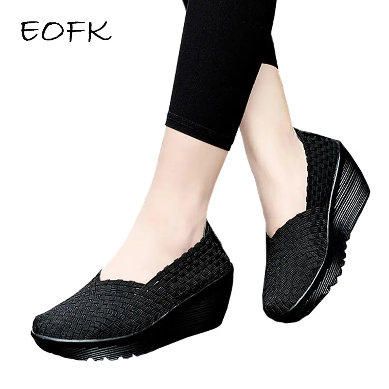 EOFK Autumn Women Woven Shoes Loafers Platform Handmade Elastic Slip on Nylon Woven Casual Wedges Shoes Lady