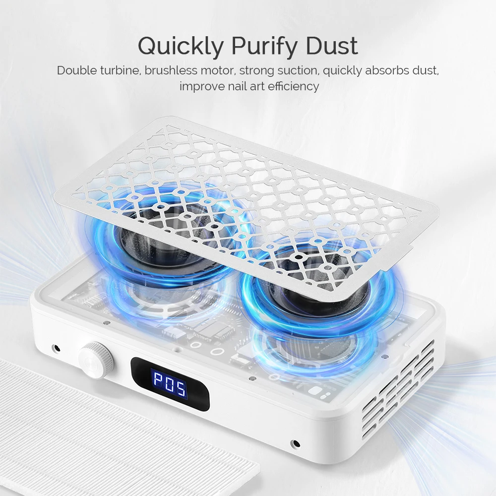 Twin-Turbo Nail Dust Collector Brushless Speed Adjustable Manicure Nail Vacuum Cleaner with Removable Filter Vacuum Fan product view