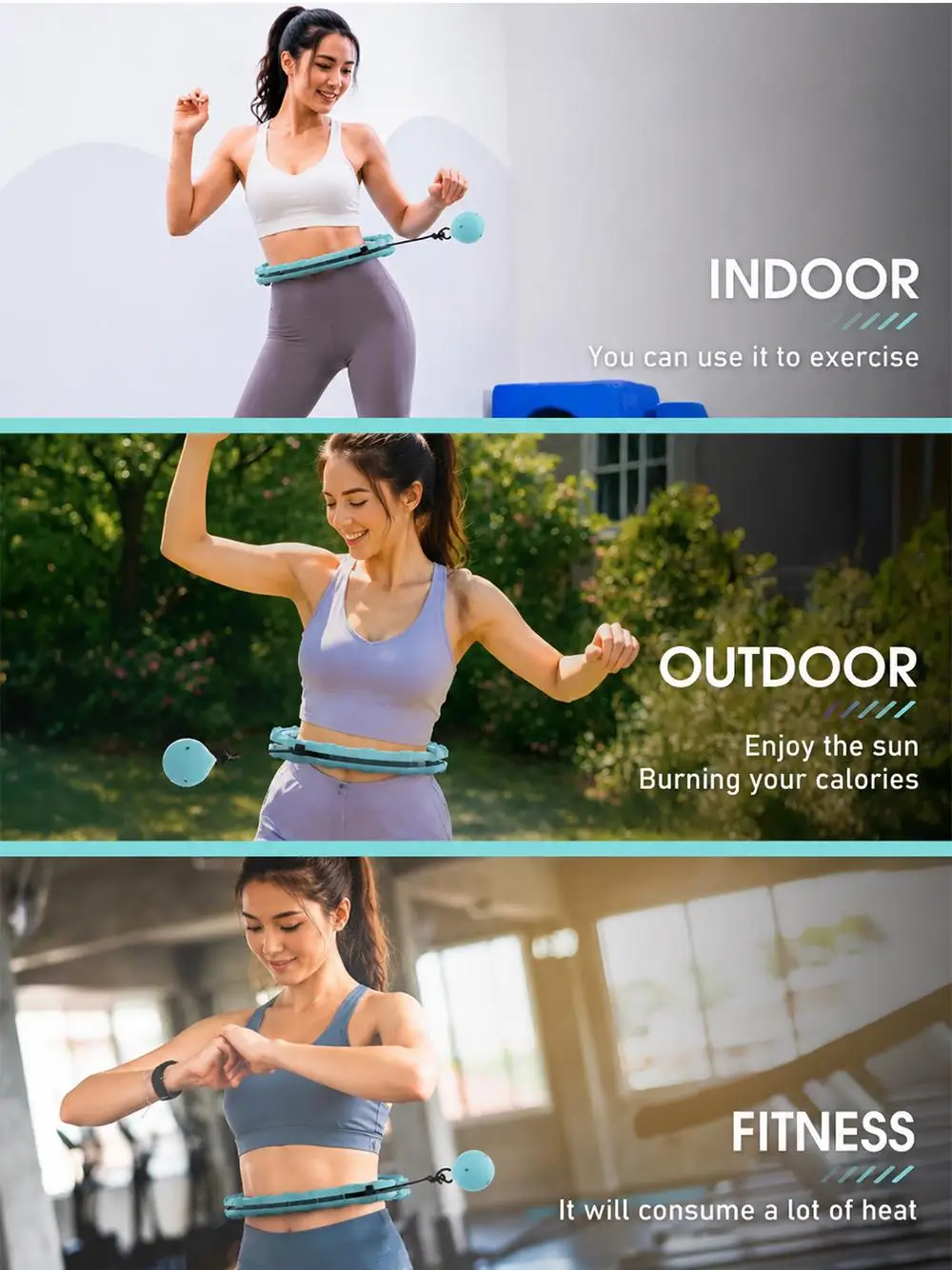 Smart Weighted Fitness Hoop 24 Detachable Links Adjustable Plus Size 47-Inch Slimming Ring Waist Trainer Auto-Spinning Massage Circle for Adults Women Beginners Weight Loss Fat Burning Home Gym Workout Equipment detail