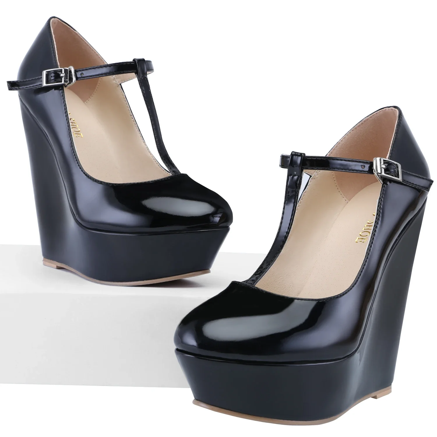 Women Pumps 2026 New Autumn Winter 14cm Round Toes Platform Wedge High Heels T-Strap Gladiator Ladies Dress Party Wedding Shoes detail