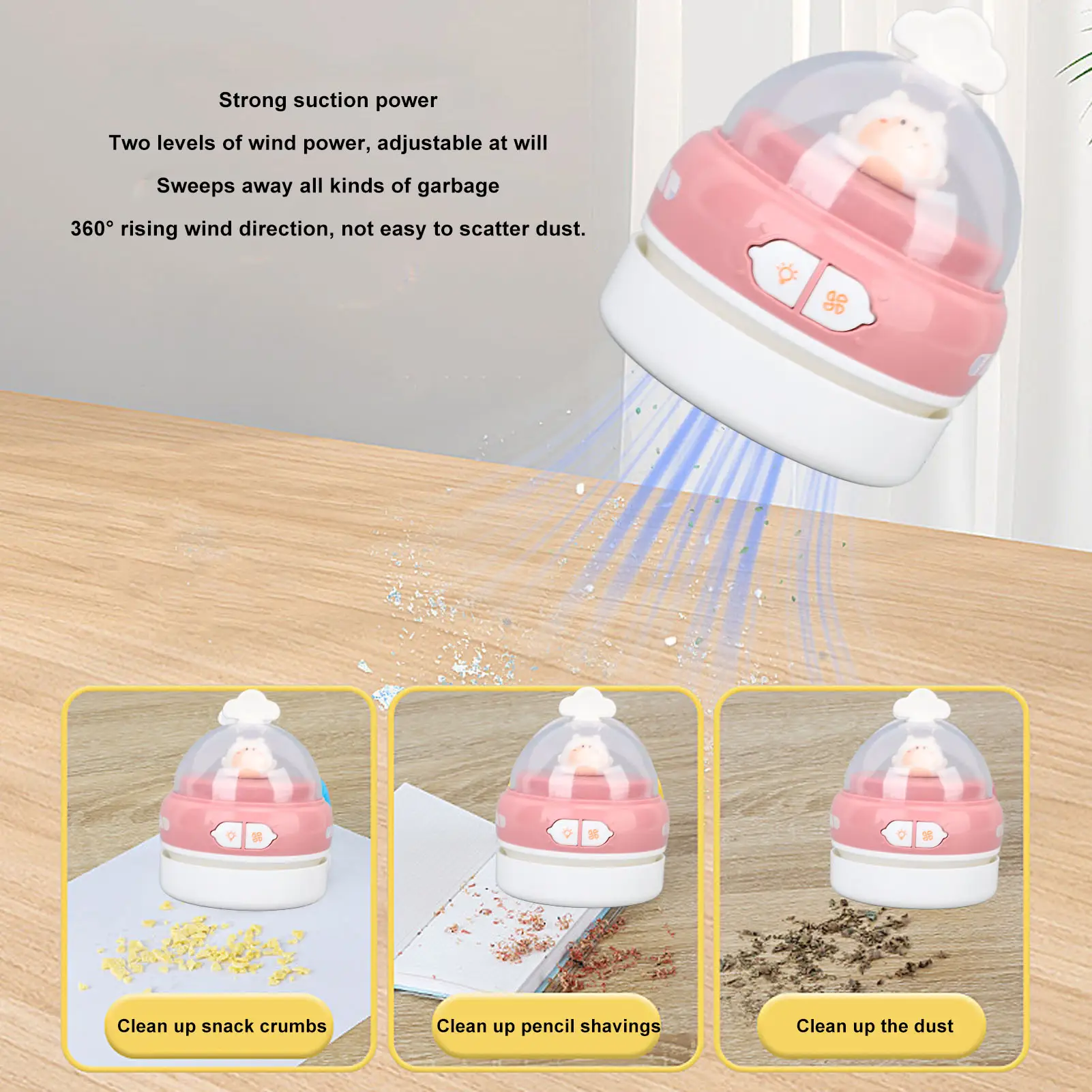 Portable Desktop Vacuum Cleaner Cordless USB Charging Handheld Dust Sweeper Efficient Night Light Table Pencil Eraser Shavings product view