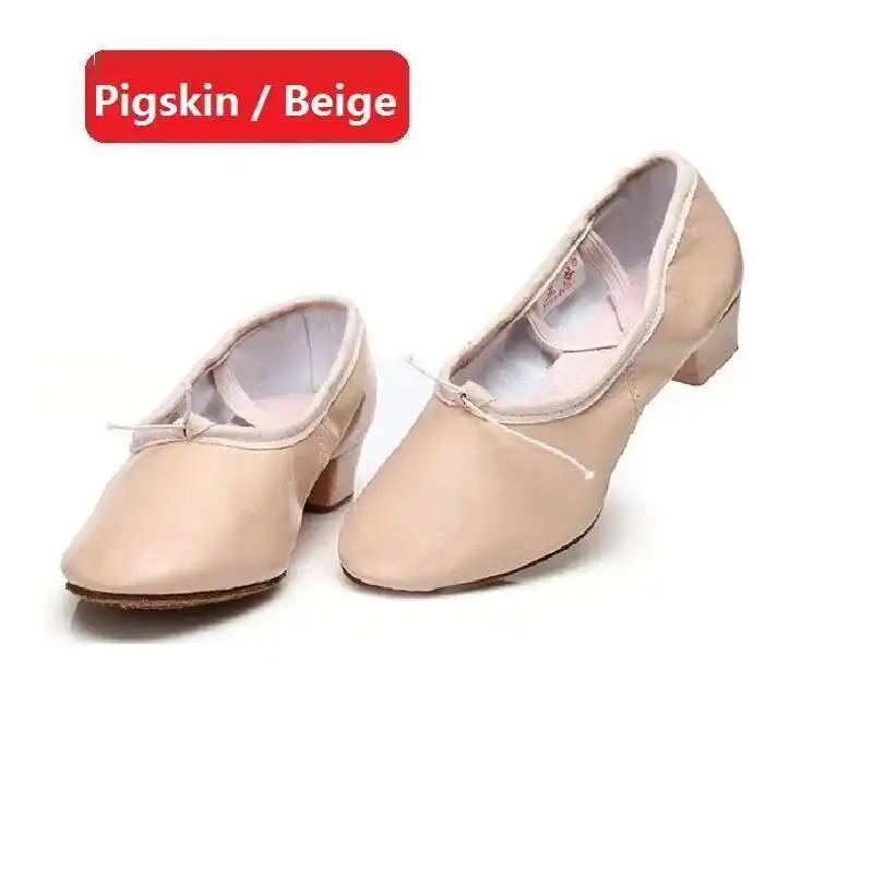 Quality Dancing Shoes For Women Middle Heel Pigskin Canvas Leather Girls Women's Ballet Dance Shoes Belly Yoga Teachers's Shoes product view