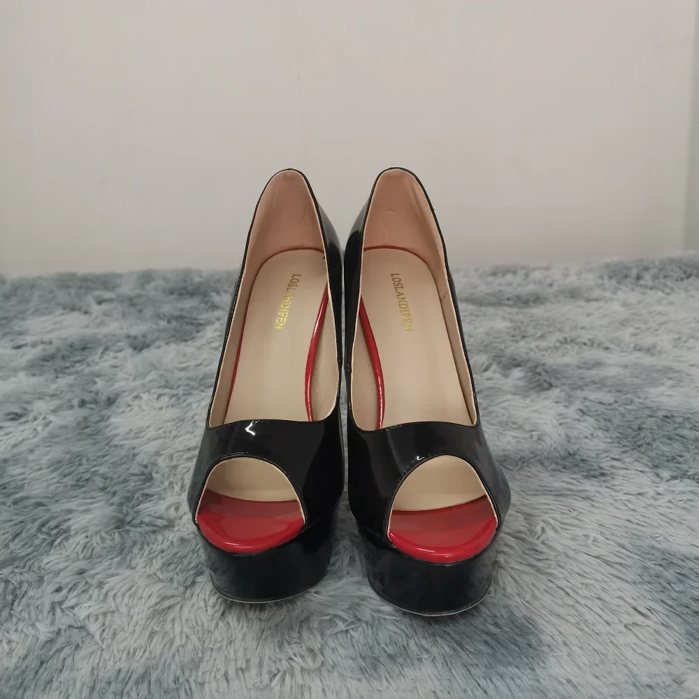 LOSLANDIFEN Women Pumps Sexy Peep Toe Platform 14cm Super High Heels Patent Leather Shoes Red Wedding Stilettos Large Size 44 detail